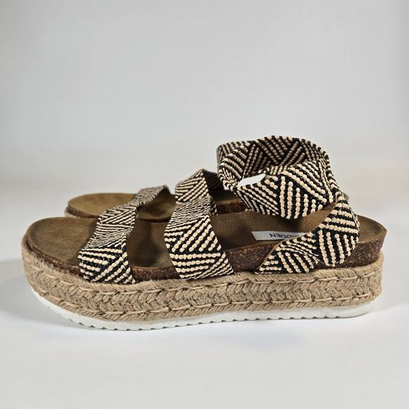 L Steve Madden Kimmie Flatform Espadrille Sandals Black Tan Womens Size 9 Jute - Picture 6 of 10